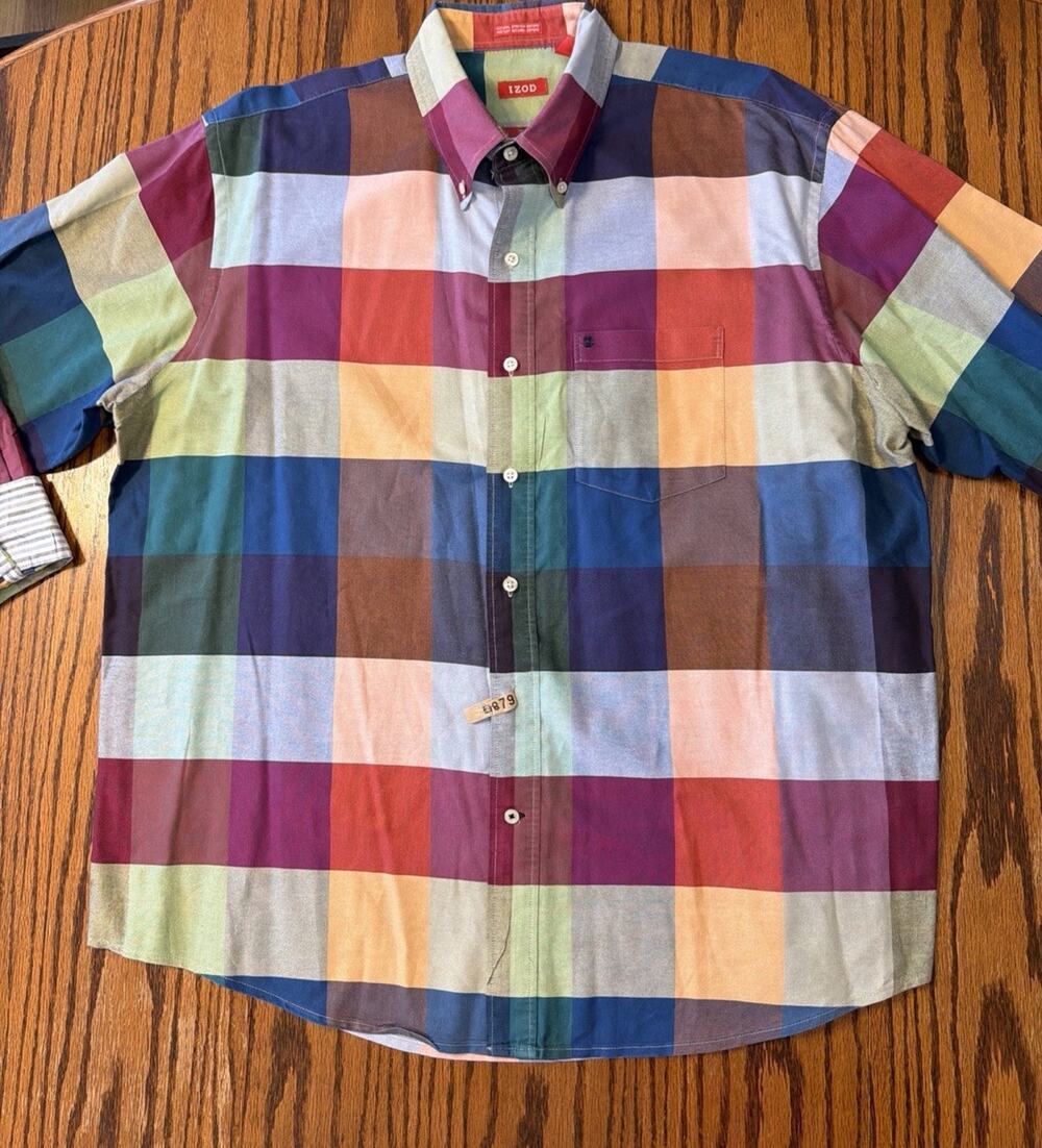 IZOD Plaid Shirt Colorful Size XL Button Down Polo Natural Stretch Oxford